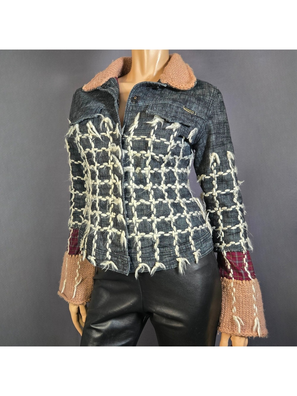 Vintage Y2K Parasuco Blue Denim And Wool Knit Jacket With Red Plaid Size S